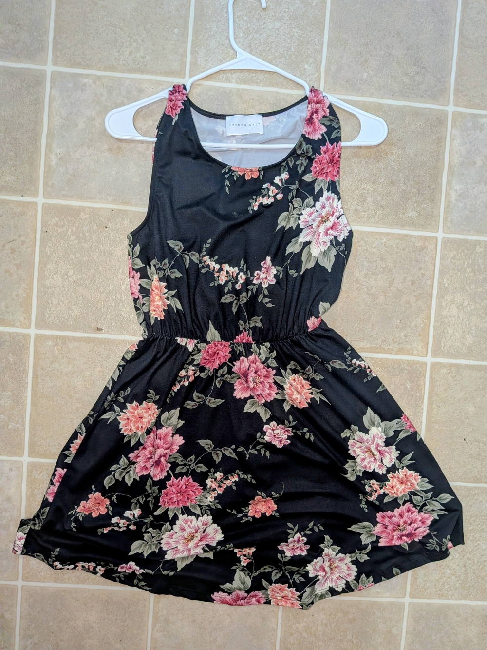 French Grey Black Floral Sleeveless Mini Dress with Pink Blooms